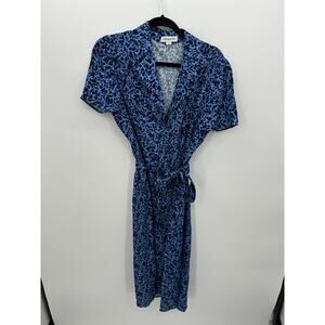 Liyan‎ McAteer Blue Floral Button Front Dress Silk Blend Tie Women 12 Midi Retro